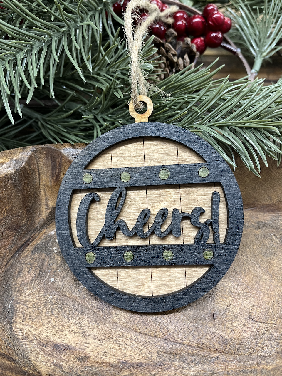 Cheers Barrel Wood Ornament