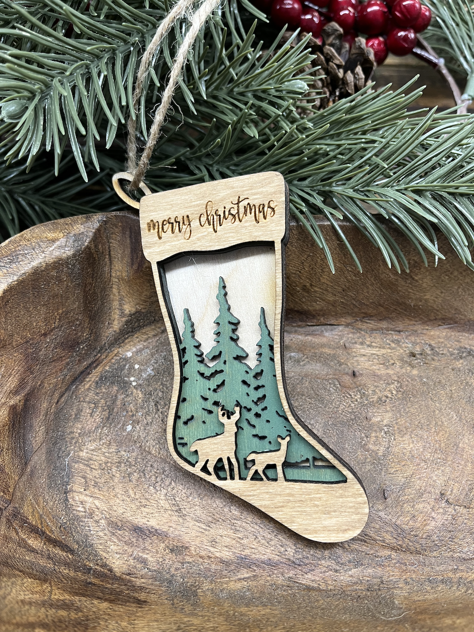 Deer Stocking Wood Ornament