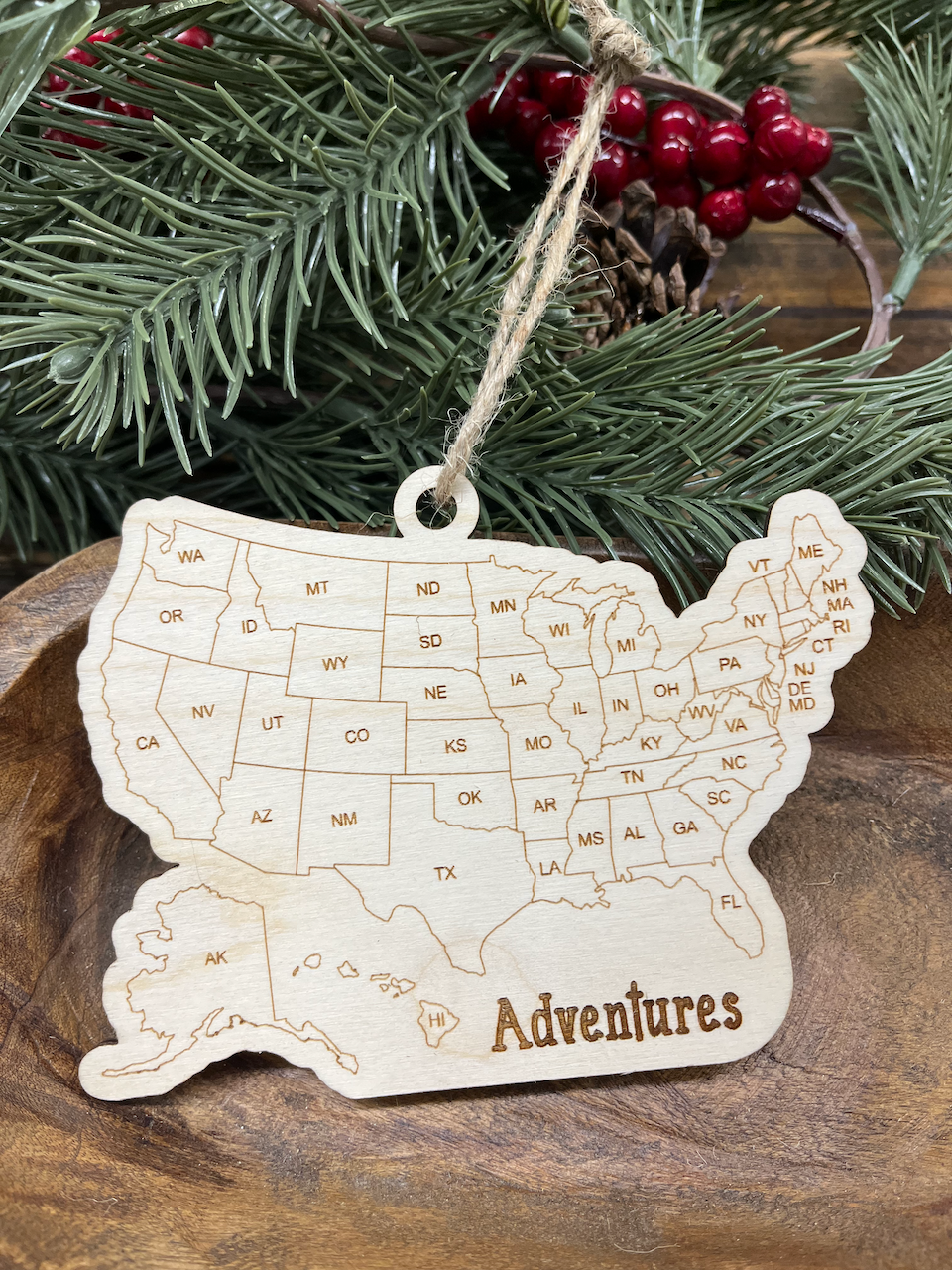 USA Map State Tracker Wood Ornament