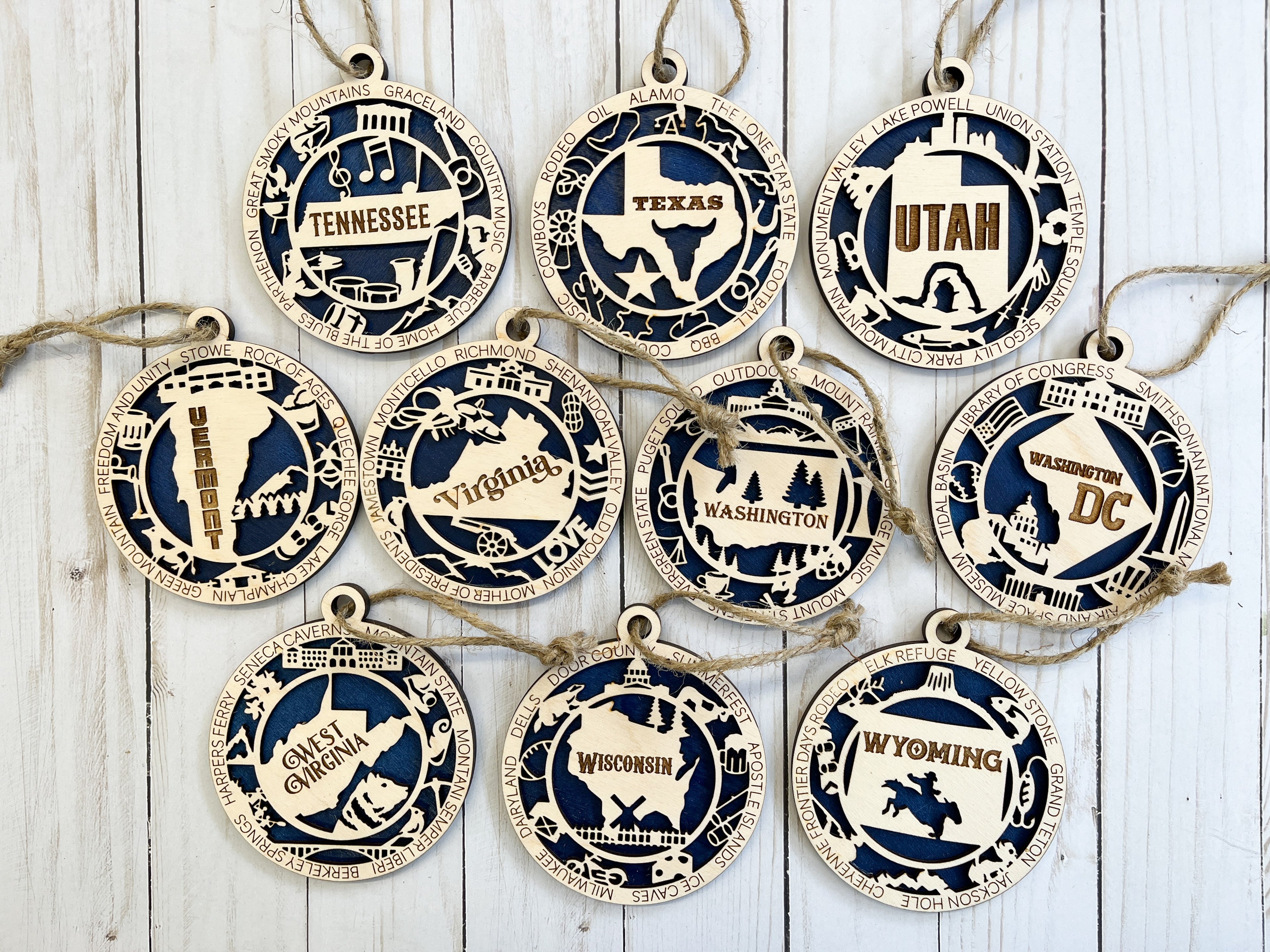 T-W State Wood Ornaments