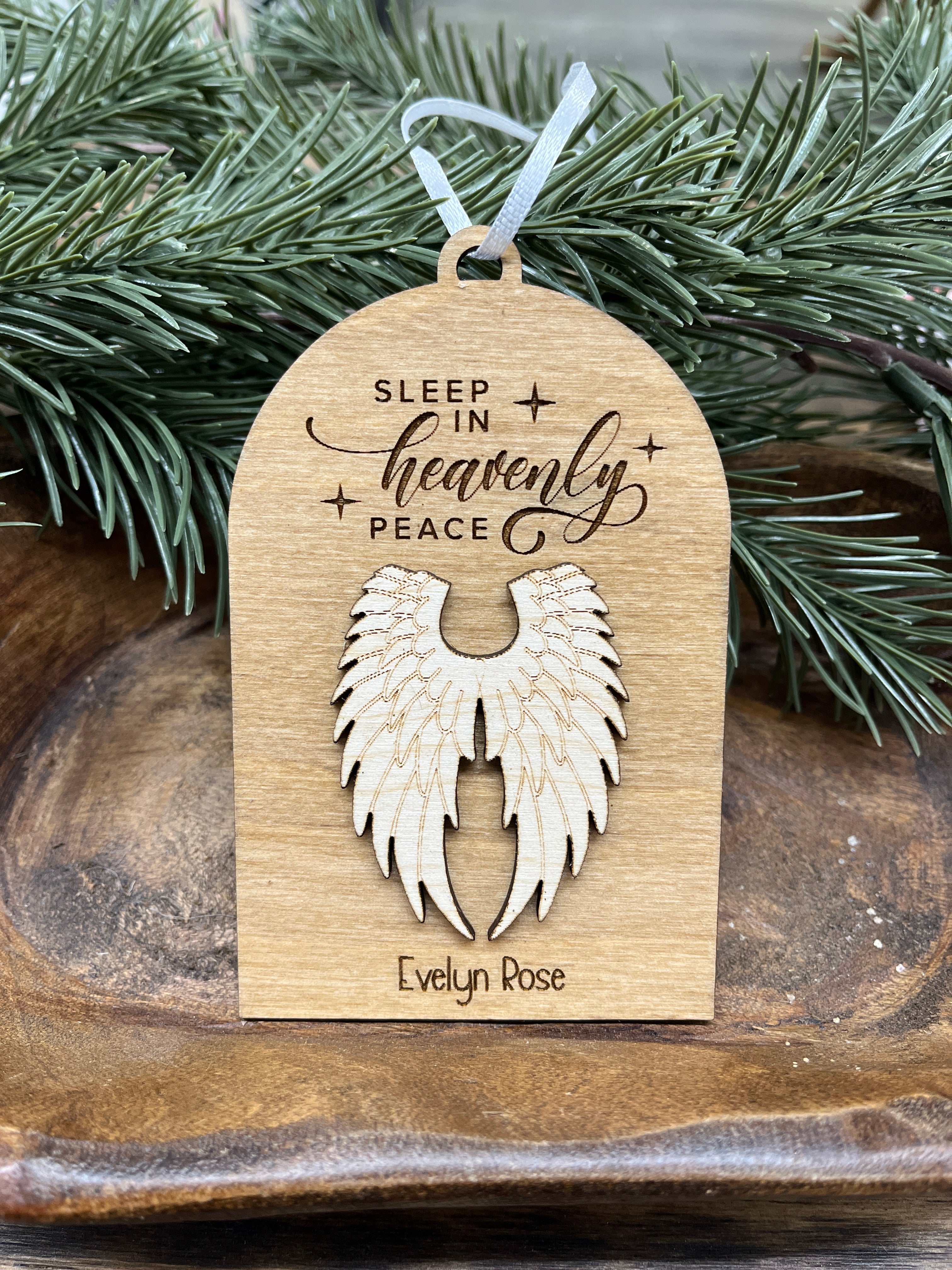 Personalized Sleep in Heavenl Peace Wood Ornament